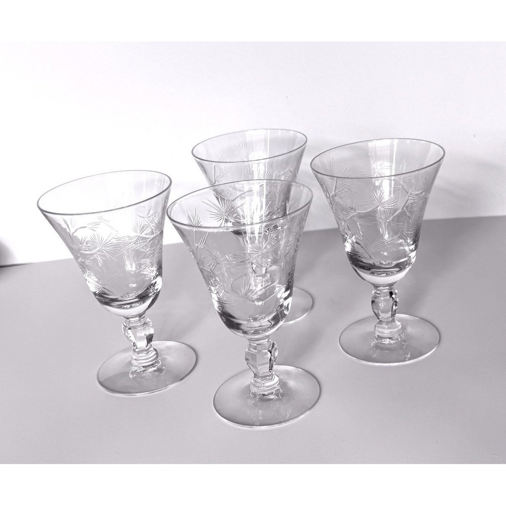 Vintage Etched Pine Needle Crystal Cordial Glasses Set of 4 Holiday Evergreen